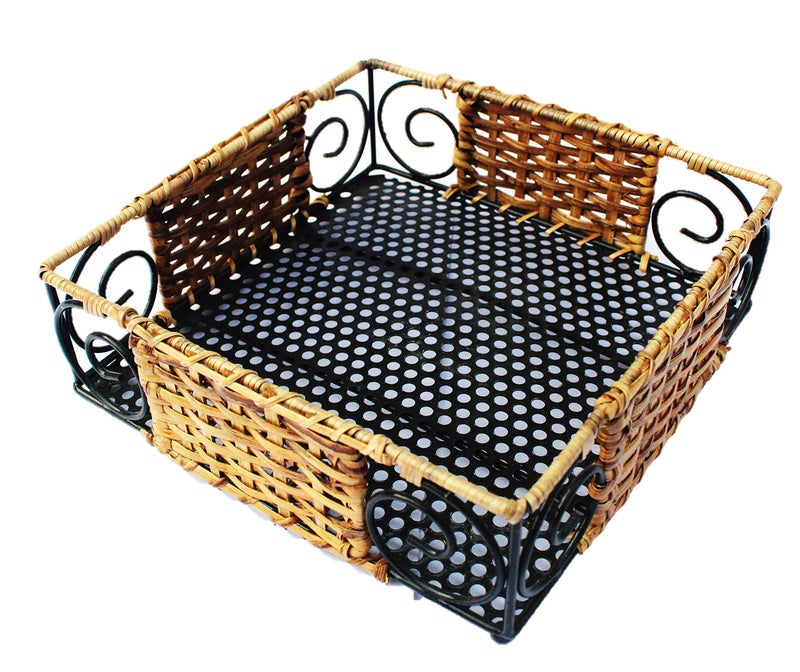 AKWAY Wooden Wicker Tray for Dining Table Serving Tray for Home and Kitchen Storage Tea Bed Tray, 7 inch x 7 inch x 2.5 inch, Black & Beige - Image 3
