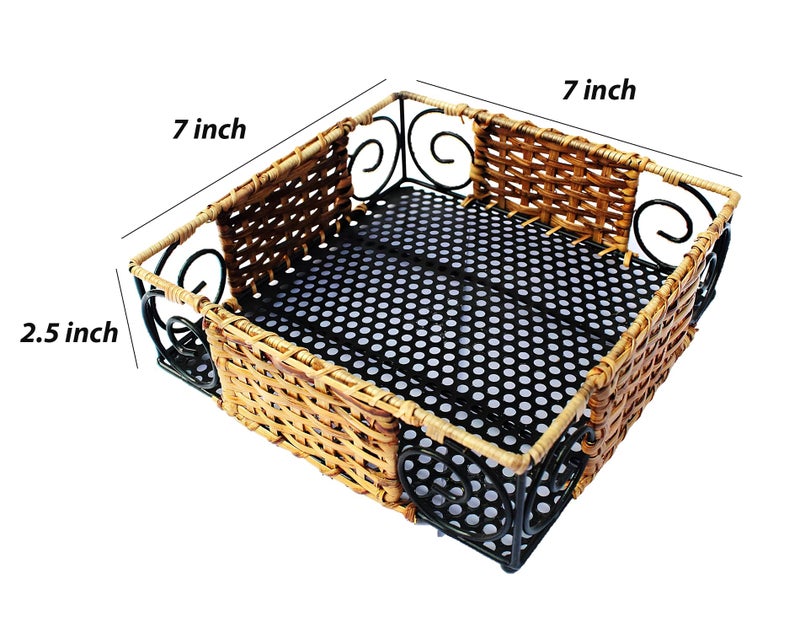 AKWAY Wooden Wicker Tray for Dining Table Serving Tray for Home and Kitchen Storage Tea Bed Tray, 7 inch x 7 inch x 2.5 inch, Black & Beige - Image 4