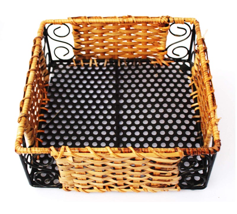 AKWAY Wooden Wicker Tray for Dining Table Serving Tray for Home and Kitchen Storage Tea Bed Tray, 7 inch x 7 inch x 2.5 inch, Black & Beige - Image 1