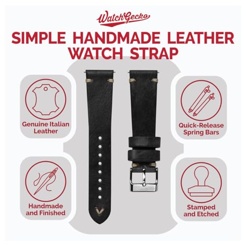 WatchGecko Vintage Simple Handmade Certified Genuine Italian Leather Replacement Watch Strap Stylish and Durable Mens Wristwatch Strap Simple double stitching Easy to fit Black 19 mm - Image 3