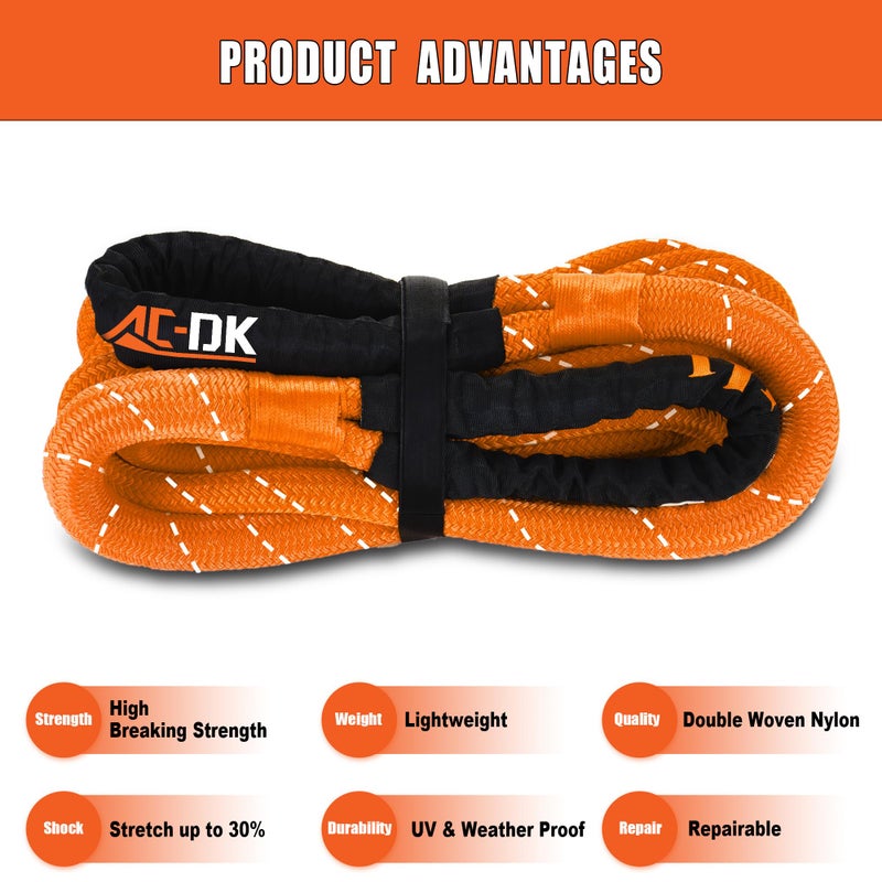 AC-DK Kinetic Recovery Rope (1in x 30ft â€ŽYellow) 48000lbs Snatch Strap,Heavy Duty Stretch Nylon Towing Ropes with 2pcs Soft Shackles for Offroad Vehicle,Jeep,SUV,ATV,UTV,Tractor Elastic Ropes Kit - Image 2
