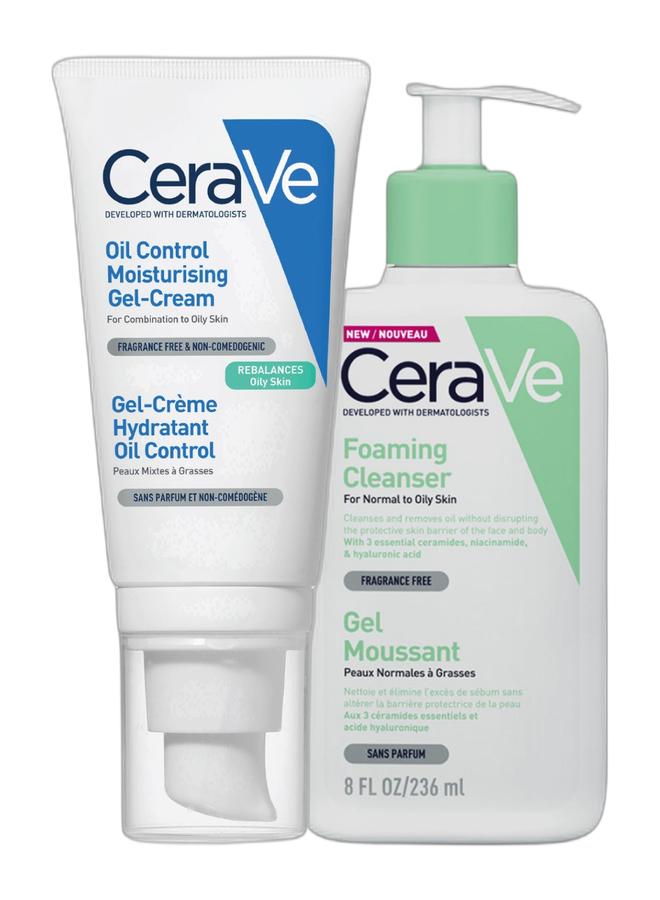 CeraVe جل-كريم مرطب للتحكم في الزيوت للبشرة الدهنية 52 مل + منظف رغوي للبشرة العادية إلى الدهنية مع حمض الهيالورونيك 236 مل - Image 2