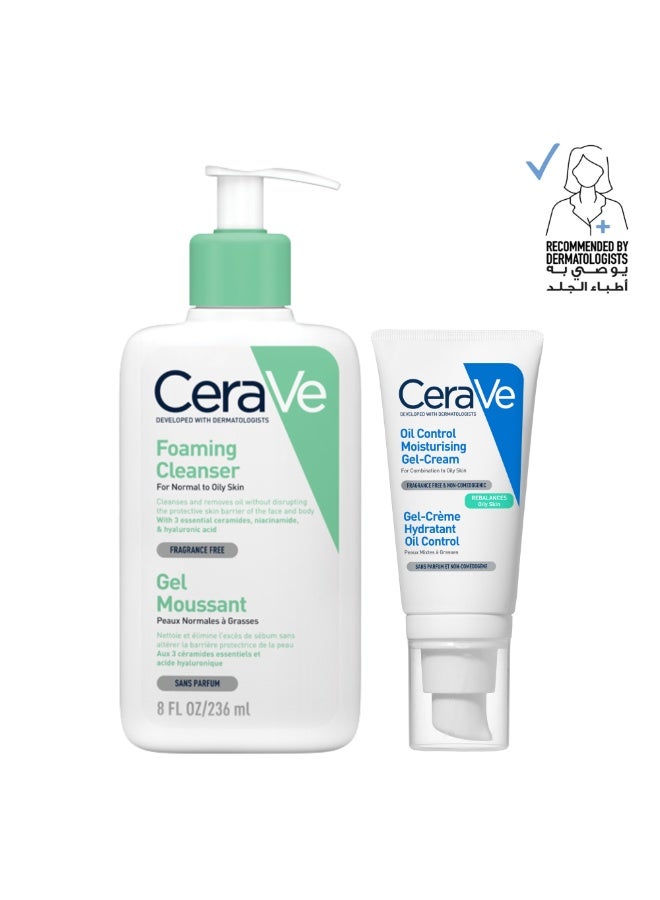 CeraVe جل-كريم مرطب للتحكم في الزيوت للبشرة الدهنية 52 مل + منظف رغوي للبشرة العادية إلى الدهنية مع حمض الهيالورونيك 236 مل - Image 1