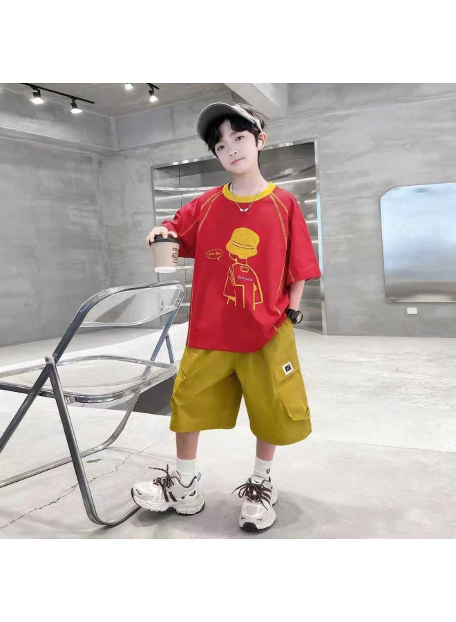 Boys' Summer Outfit New Style Short-sleeve Summer Wear For Older Children, Stylish And Cool Street Fashion For Boys