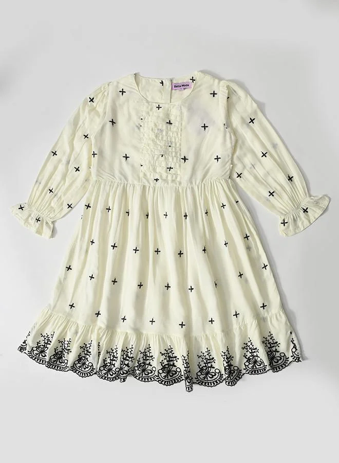Bella Moda Girls Cream Embroidered Long Sleeves A-Line Midi Dress