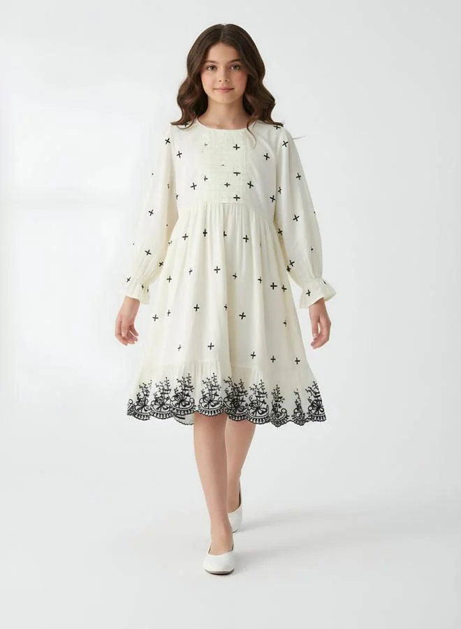Bella Moda Girls Cream Embroidered Long Sleeves A-Line Midi Dress