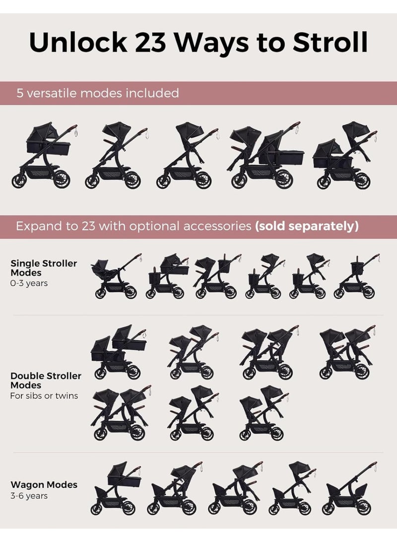 Momcozy عربة أطفال ChangeGo، عربة قابلة للتحويل من فردية إلى مزدوجة إلى عربة مع 23 تكوين، سرير أطفال، مقعد متضمن، عجلات PU كبيرة، نظام تعليق لجميع العجلات وسقف قابل للتمديد UPF50+ - Image 2
