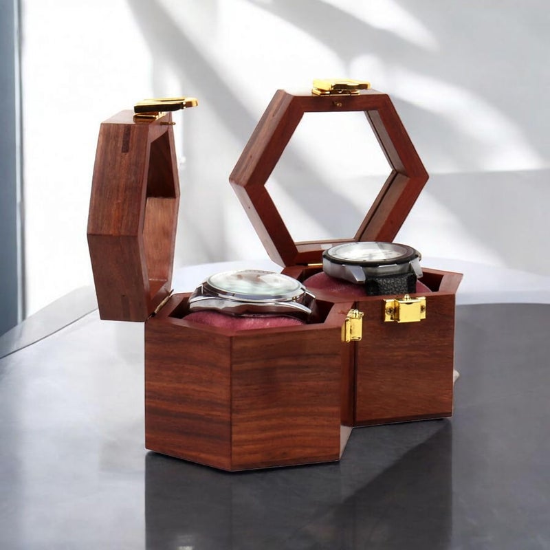 Creation India Craft Vintage Wooden Watch Box for Men, Timepiece Organizer, Watch Storage Box, Jewelry Case, Honeycomb Watch Box, Anniversary & Birthday Gift (2 Slots) - Image 2