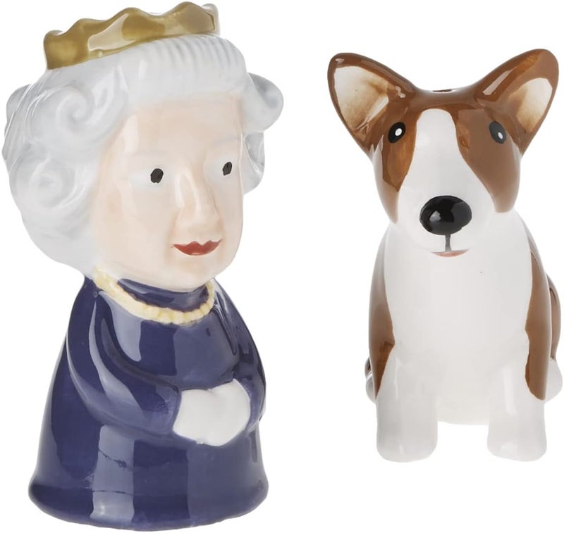 Abbott Collection 27-KITSCH-303 Queen and Corgi Salt and Pepper Shaker Set, Purple/Brown, 3.5" H - Image 1