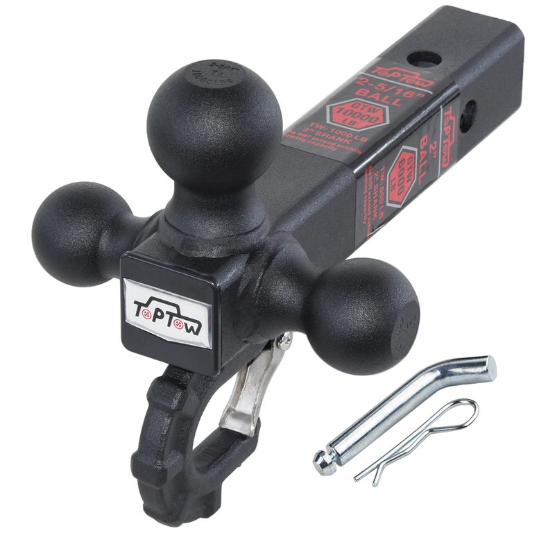 TOPTOW 64011HP Trailer Tri Ball Hitch Mount with Beast Hook Matte Black Fits for 2 inch Receiver Towing Box with Hitch Pin Kit - Image 1