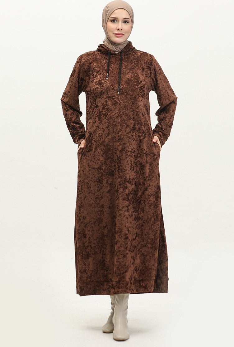 Sefa Merve Hooded Velvet Dress 0285-K-03 Brown  - Image 1