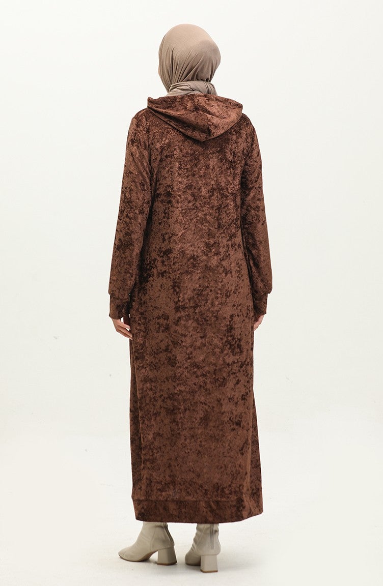Sefa Merve Hooded Velvet Dress 0285-K-03 Brown  - Image 5