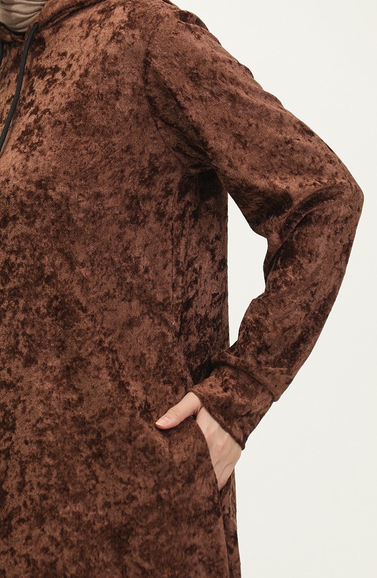Sefa Merve Hooded Velvet Dress 0285-K-03 Brown  - Image 4