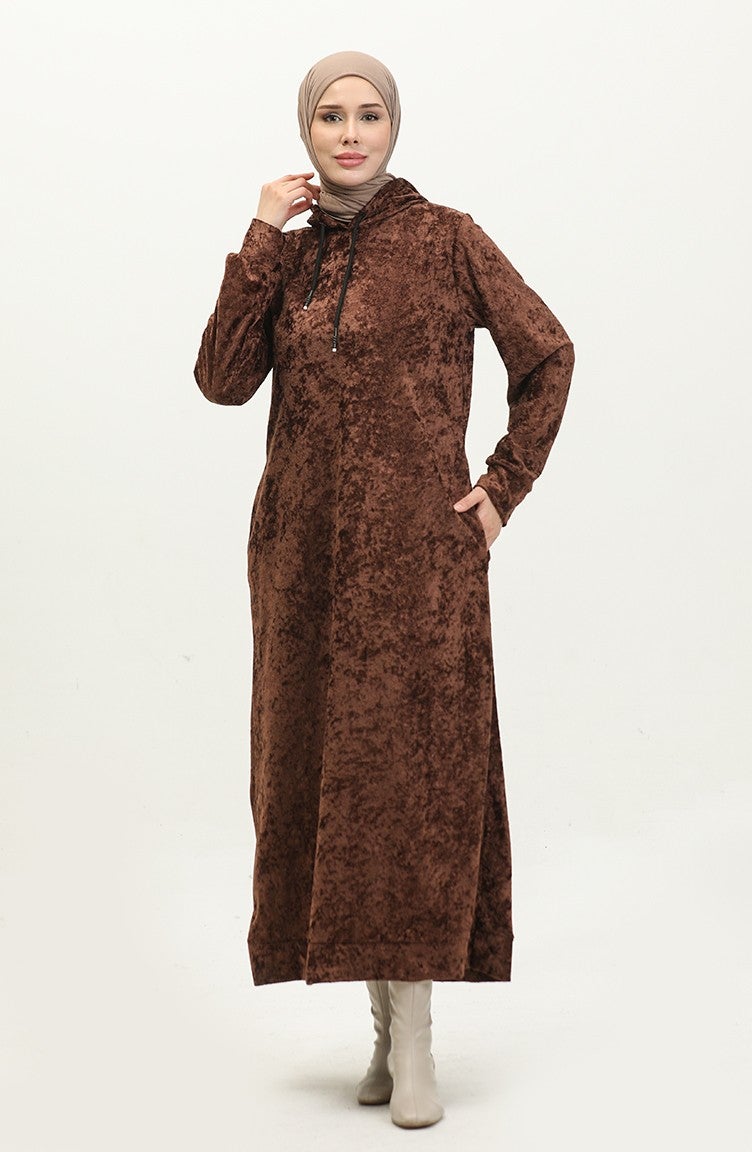 Sefa Merve Hooded Velvet Dress 0285-K-03 Brown  - Image 2