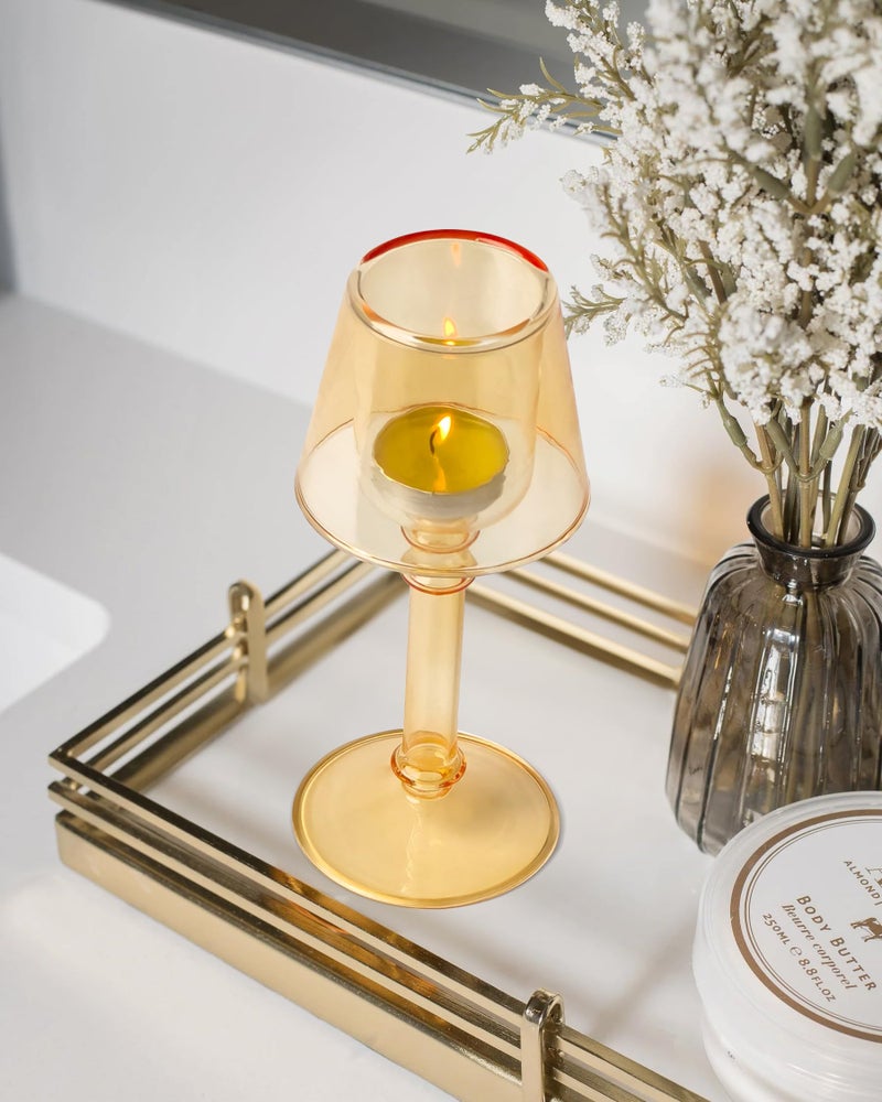 Gurfuy Amber Glass Hurricane Candleholder - Desk Lamp Shaped Glass Hurricane Candle Holder Crystal Decorative Candle Stand for Table Wedding Dinning Centerpieces Party Supplies Festival Decor - Image 3