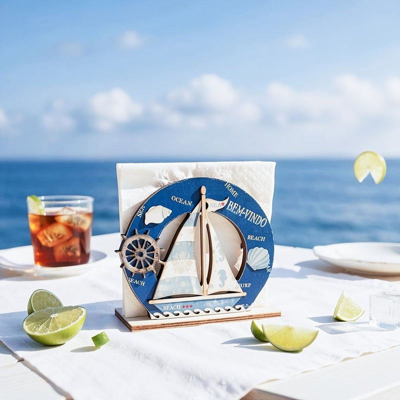 Nordic Ocean Series Wooden Tissue Holder Mediterranean Sailboat Napkin Organizer SCM2500 - Image 2