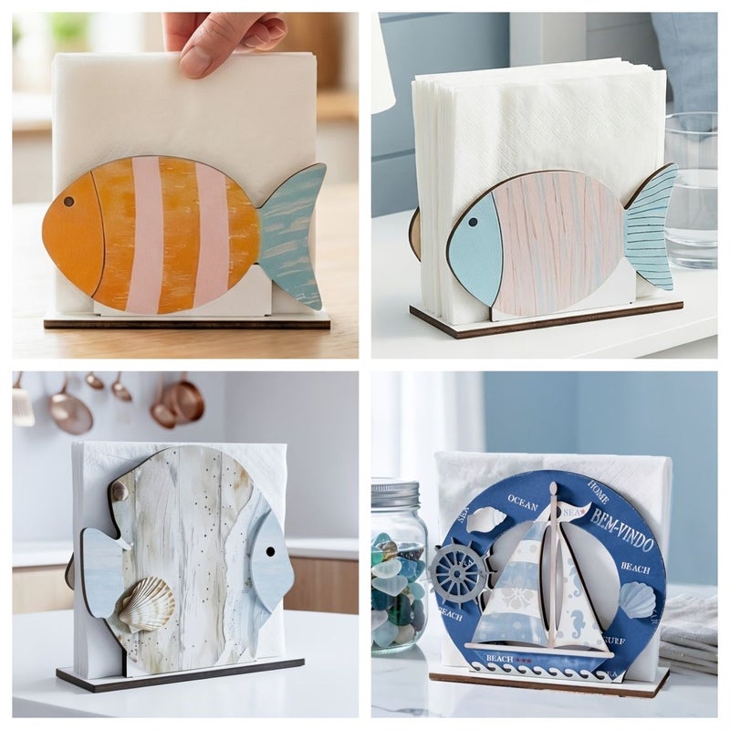 Nordic Ocean Series Wooden Tissue Holder Mediterranean Sailboat Napkin Organizer SCM2500 - Image 1