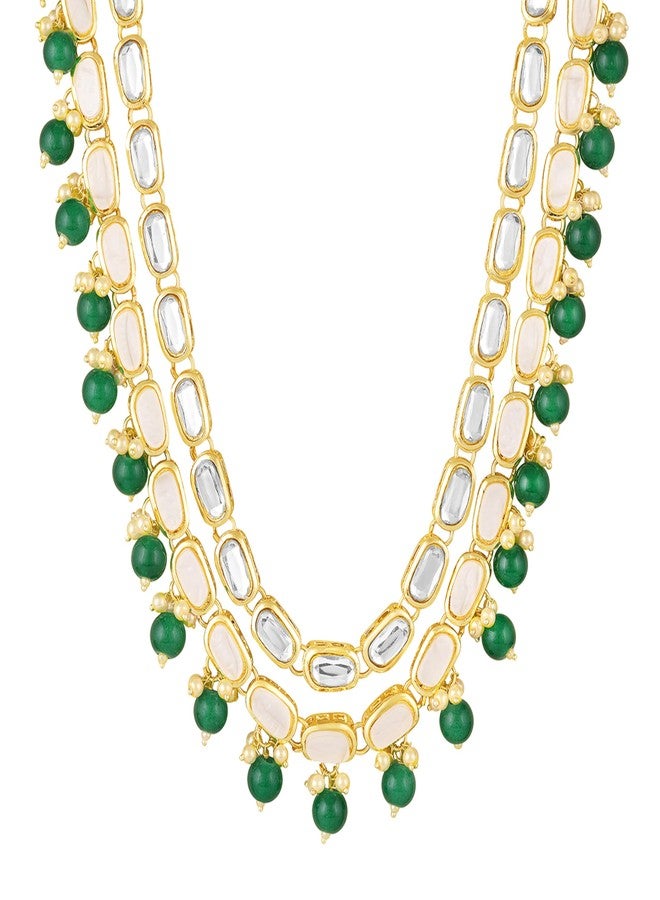 Mahi Green and White Kundan Multi Layered Traditional Statement Necklace Set with Artificial Beads for Women (NL1108111GGre) - Image 4