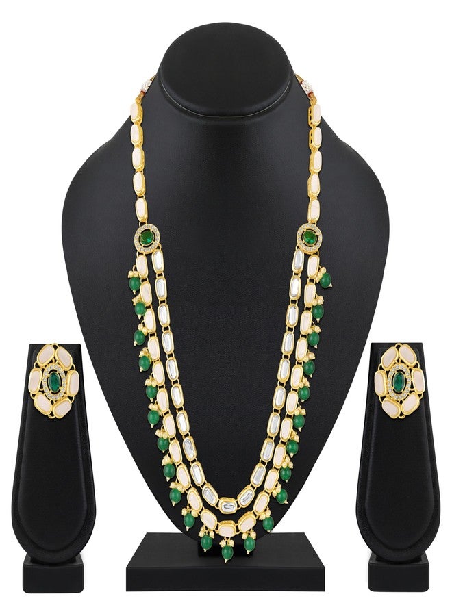 Mahi Green and White Kundan Multi Layered Traditional Statement Necklace Set with Artificial Beads for Women (NL1108111GGre) - Image 3