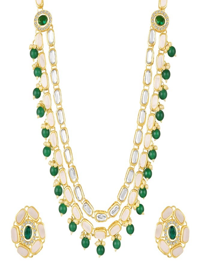 Mahi Green and White Kundan Multi Layered Traditional Statement Necklace Set with Artificial Beads for Women (NL1108111GGre) - Image 1