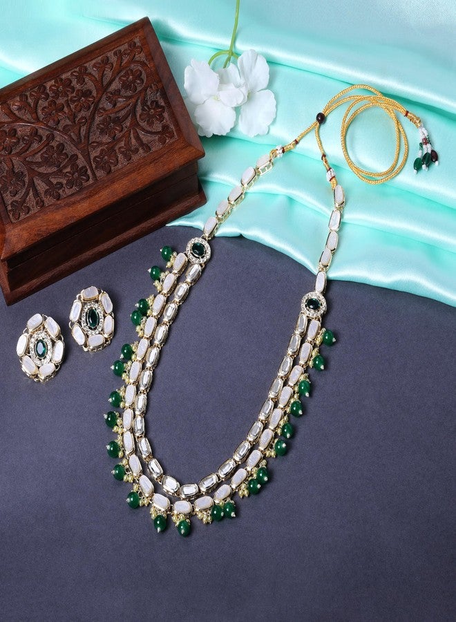 Mahi Green and White Kundan Multi Layered Traditional Statement Necklace Set with Artificial Beads for Women (NL1108111GGre) - Image 2