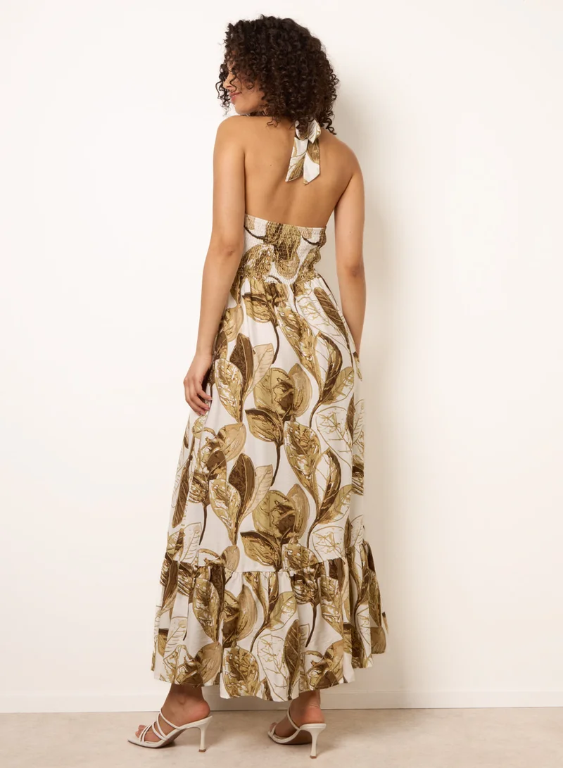 Blue Vanilla Leaf Print Halter Neck Dress