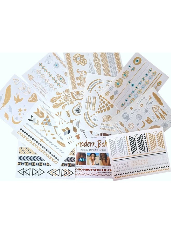 Modern Boho 10 Sheets Metallic Tattoos Flash Gold/Silver Ultimate Collection - Image 1