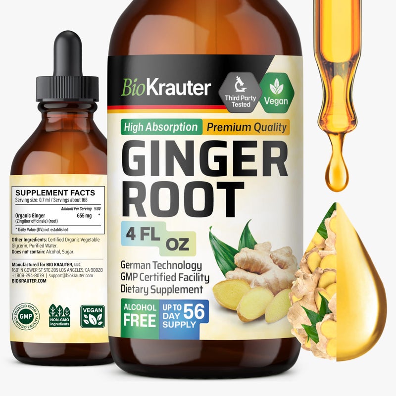 BIO KRAUTER Ginger Root Extract Natural Ginger Supplements for Overall Wellness Alcohol and Sugar Free Vegan Drops 4 FlOz