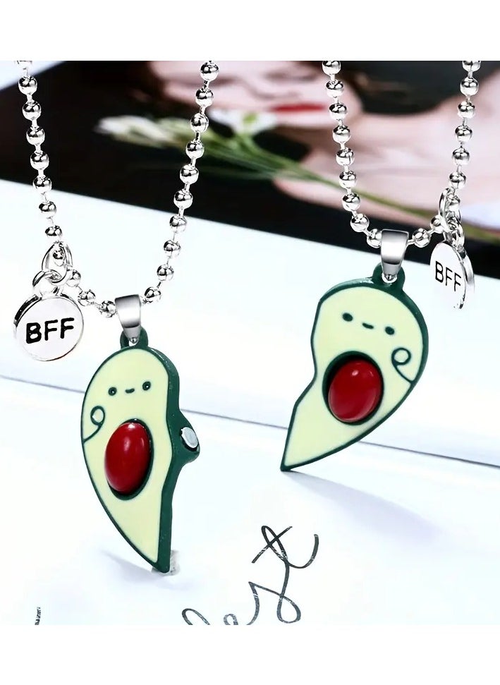 Goolsky - 2pcs Cartoon Avocado & Letter Pendant Necklace, Cute Half Broken Heart Avocado Engraved BFF Pendant Chain Adjustable Necklace Bracelet - Image 1