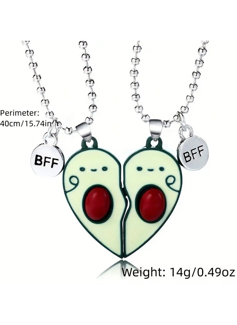 Goolsky - 2pcs Cartoon Avocado & Letter Pendant Necklace, Cute Half Broken Heart Avocado Engraved BFF Pendant Chain Adjustable Necklace Bracelet - Image 1