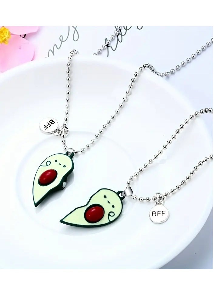 Goolsky - 2pcs Cartoon Avocado & Letter Pendant Necklace, Cute Half Broken Heart Avocado Engraved BFF Pendant Chain Adjustable Necklace Bracelet - Image 1