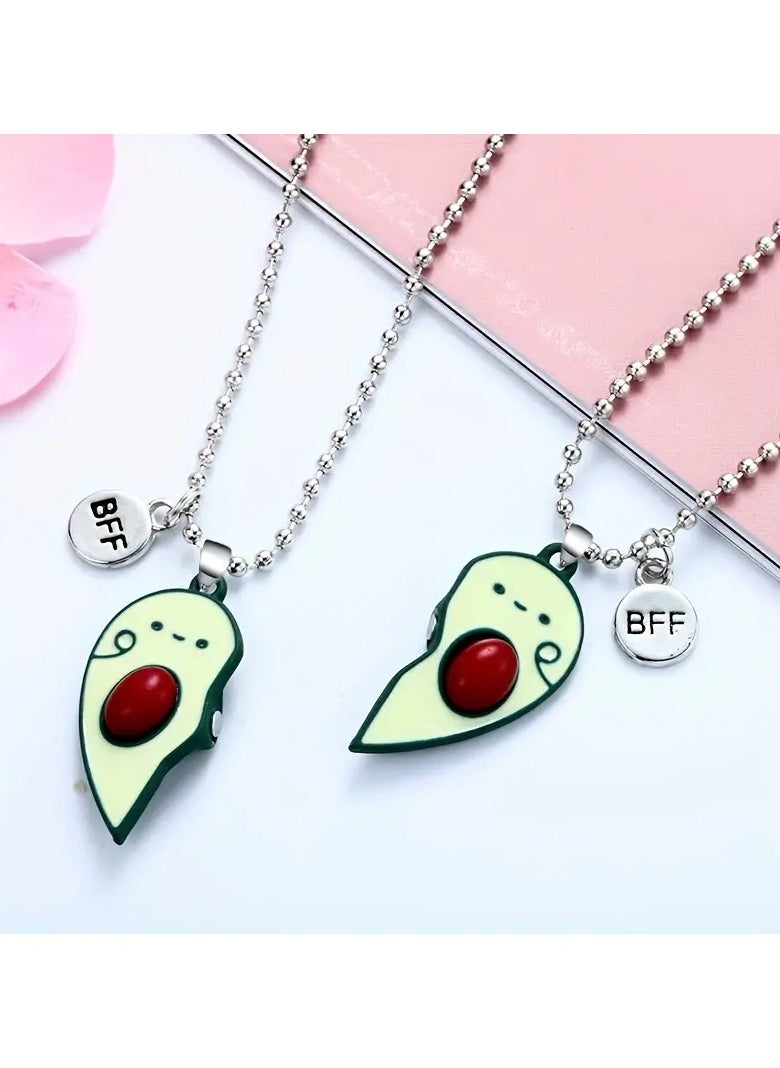 Goolsky - 2pcs Cartoon Avocado & Letter Pendant Necklace, Cute Half Broken Heart Avocado Engraved BFF Pendant Chain Adjustable Necklace Bracelet - Image 1
