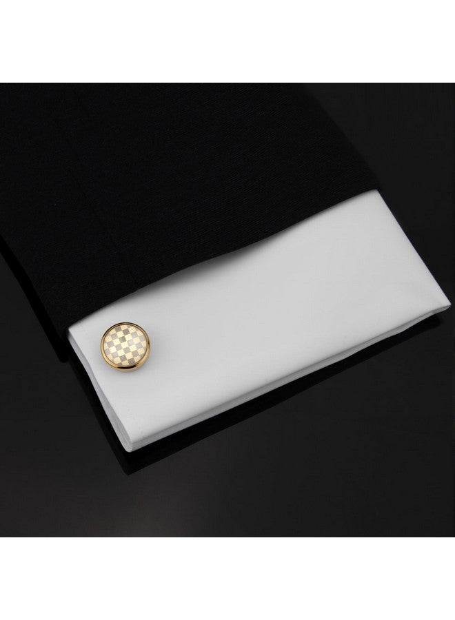 UJOY Men's Cufflinks - Gold Plated, Chessboard Design, Round Shape, Suitable for Business Wedding Dinner Formal Dress, with Gift Box - Image 5