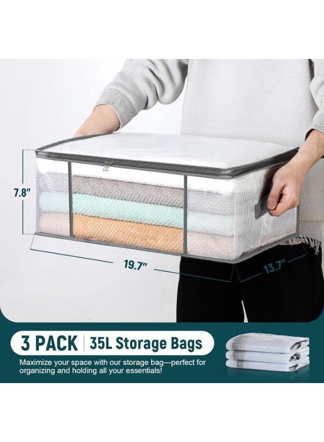 3 حزم من أكياس تخزين الملابس، صناديق تخزين بطانيات بلاستيكية قابلة للطي، حاوية لتنظيم الخزانة لغرفة النوم، الفراش، الألحفة، الوسائد والملابس - 35 لتر مع مقابض - Image 2