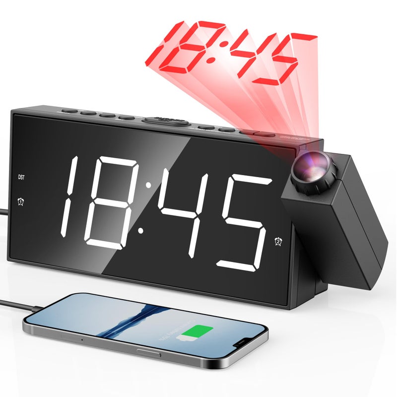 Mesqool Digital Projector Alarm Clocks for Kids BedroomPlugin Clock with 180 Projection on Ceiling WallDual Alarms for Heavy SleepersBattery BackupUSB Charging PortEasytoSetDimmerSnooze