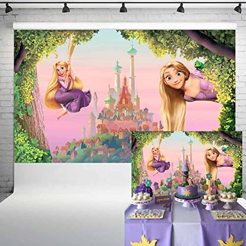 Ericbackdrop Princess Rapunzel Birthday Party Backdrop Decorations Tangled Castle Tree Background Fairytale Theme Cake Table Banner 5x3 ft 96 - Image 1