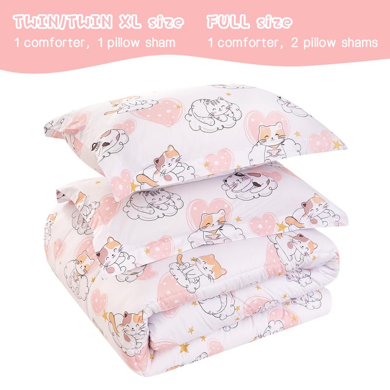 Yibeizi Cat Kids Comforter Set for Girls Full Size, Cute Quilted Pink Heart Printed Bedding Set with Pillow Sham, Lightweight Soft Breathable Machine Washable Bed Set 3 Piece - Image 4