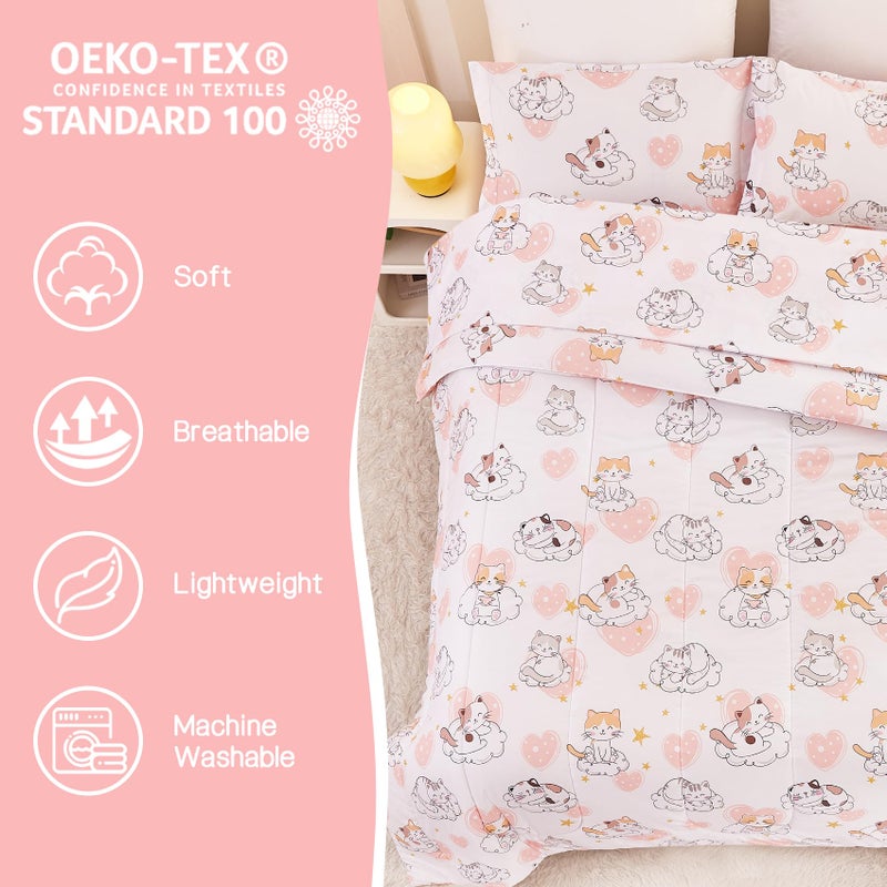Yibeizi Cat Kids Comforter Set for Girls Full Size, Cute Quilted Pink Heart Printed Bedding Set with Pillow Sham, Lightweight Soft Breathable Machine Washable Bed Set 3 Piece - Image 2