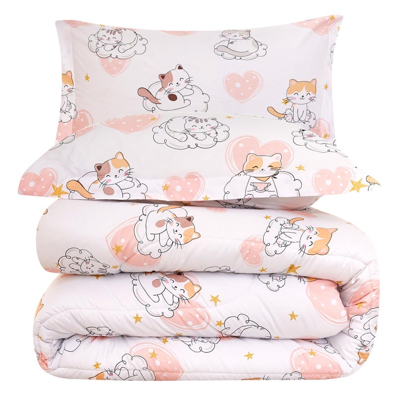 Yibeizi Cat Kids Comforter Set for Girls Full Size, Cute Quilted Pink Heart Printed Bedding Set with Pillow Sham, Lightweight Soft Breathable Machine Washable Bed Set 3 Piece - Image 1