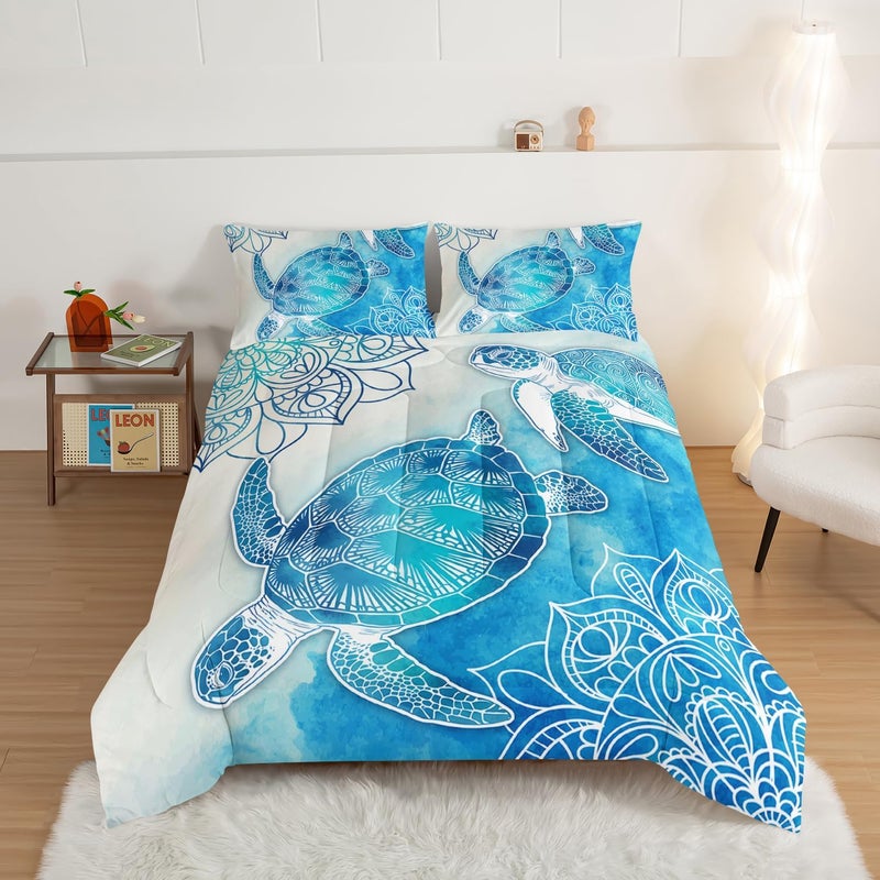 HOSIMA Sea Turtle Comforter Set,Coastal Beach Themed Bedroom Comforter Set Queen Size for Kids Teen Girls Boys Room Decor,Turtle Twin Bed in a Bag for Girls with 2 Pillowcases. - Image 2
