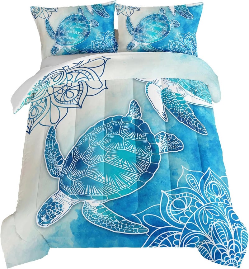 HOSIMA Sea Turtle Comforter Set,Coastal Beach Themed Bedroom Comforter Set Queen Size for Kids Teen Girls Boys Room Decor,Turtle Twin Bed in a Bag for Girls with 2 Pillowcases. - Image 1
