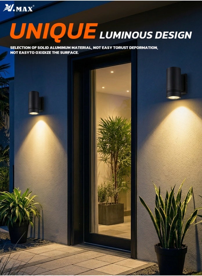 Vmax 1 Piece 12W LED Outdoor Wall Light 16.3 cm - 2000LM, Black Body, Warm White 3000K Aluminum Waterproof Garden Lamp - Image 2