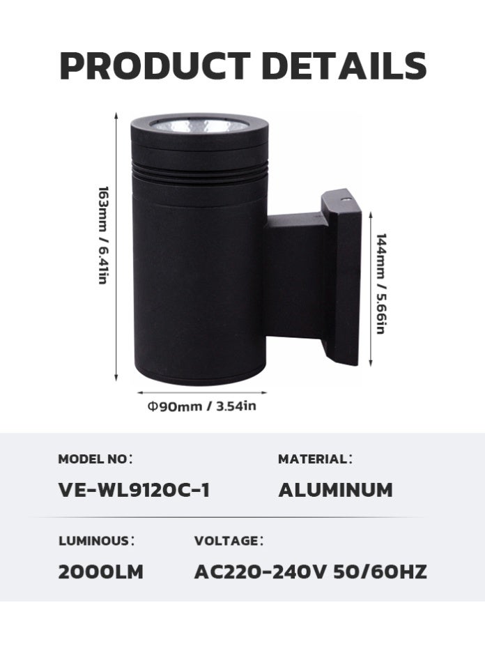 Vmax 1 Piece 12W LED Outdoor Wall Light 16.3 cm - 2000LM, Black Body, Warm White 3000K Aluminum Waterproof Garden Lamp - Image 4