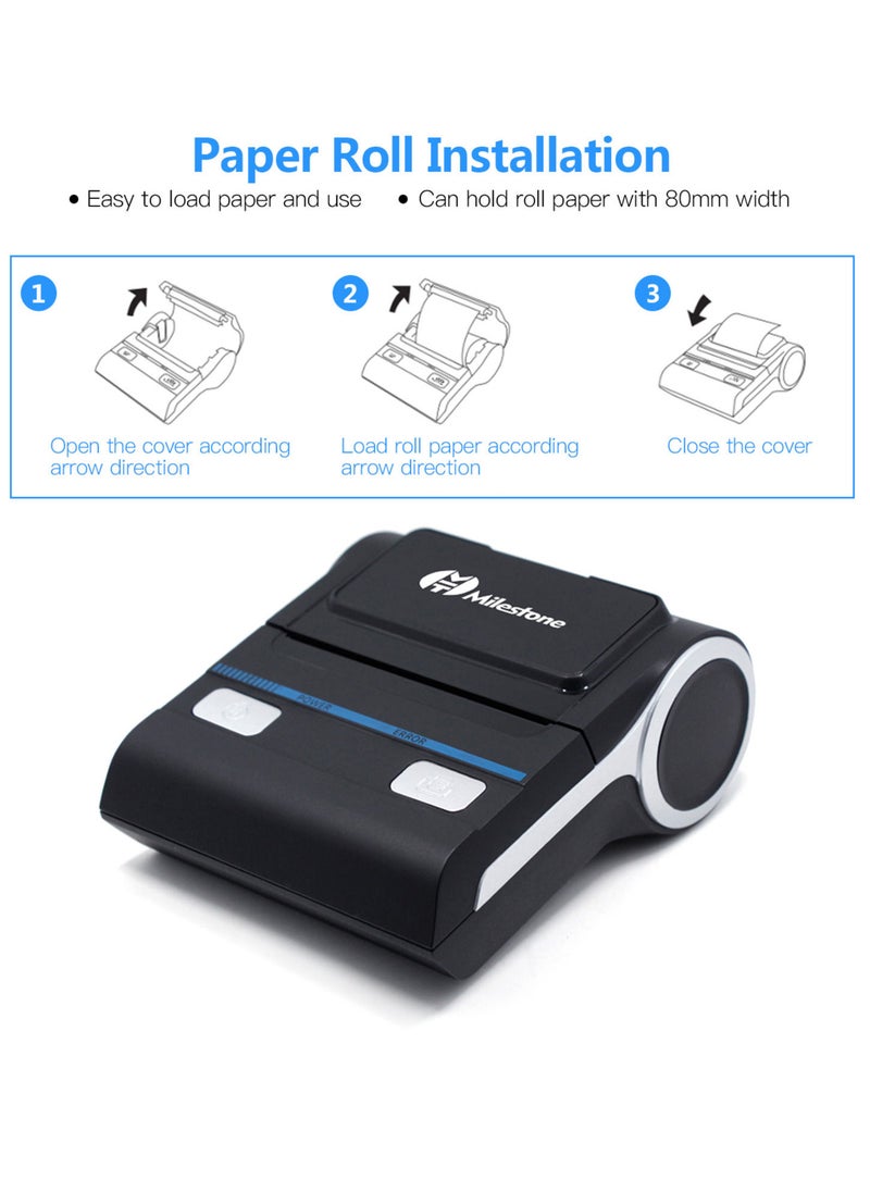 Milestone - Portable 80mm Receipt Printer Wireless BT Thermal Receipt Printer Mobile Bill Printer Compatible with Android/iOS/Windows System ESC/POS Print Command for Small Business Restaurant Retail Store - Image 1