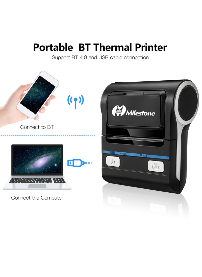 Milestone - Portable 80mm Receipt Printer Wireless BT Thermal Receipt Printer Mobile Bill Printer Compatible with Android/iOS/Windows System ESC/POS Print Command for Small Business Restaurant Retail Store - Image 1