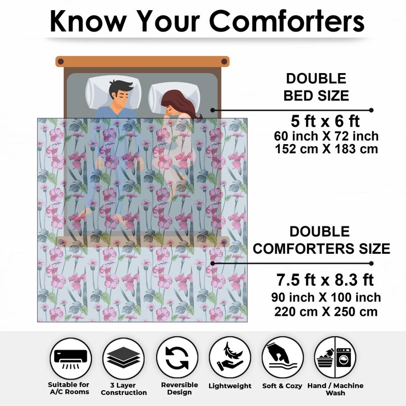 Story@Home Comforter Double Bed | 120GSM Microfiber Blanket Double Bed | 220X 250cm | AC Comforter Double Bed | Light Blue & Pink | Floral Pattern | Quilt | Duvet | Dohar | Perfect Festive Gifting - Image 2