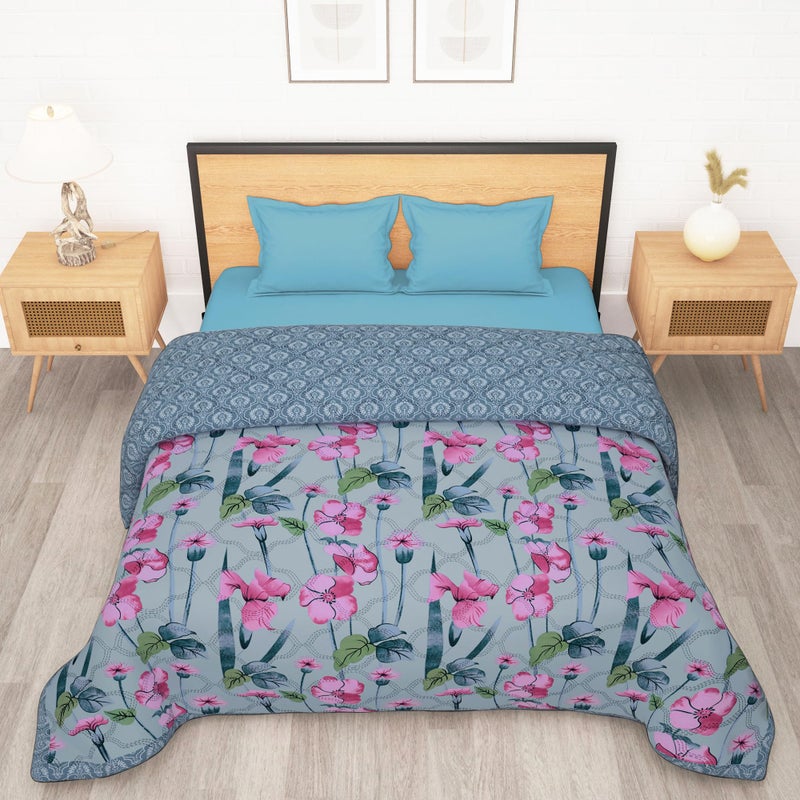 Story@Home Comforter Double Bed | 120GSM Microfiber Blanket Double Bed | 220X 250cm | AC Comforter Double Bed | Light Blue & Pink | Floral Pattern | Quilt | Duvet | Dohar | Perfect Festive Gifting - Image 5