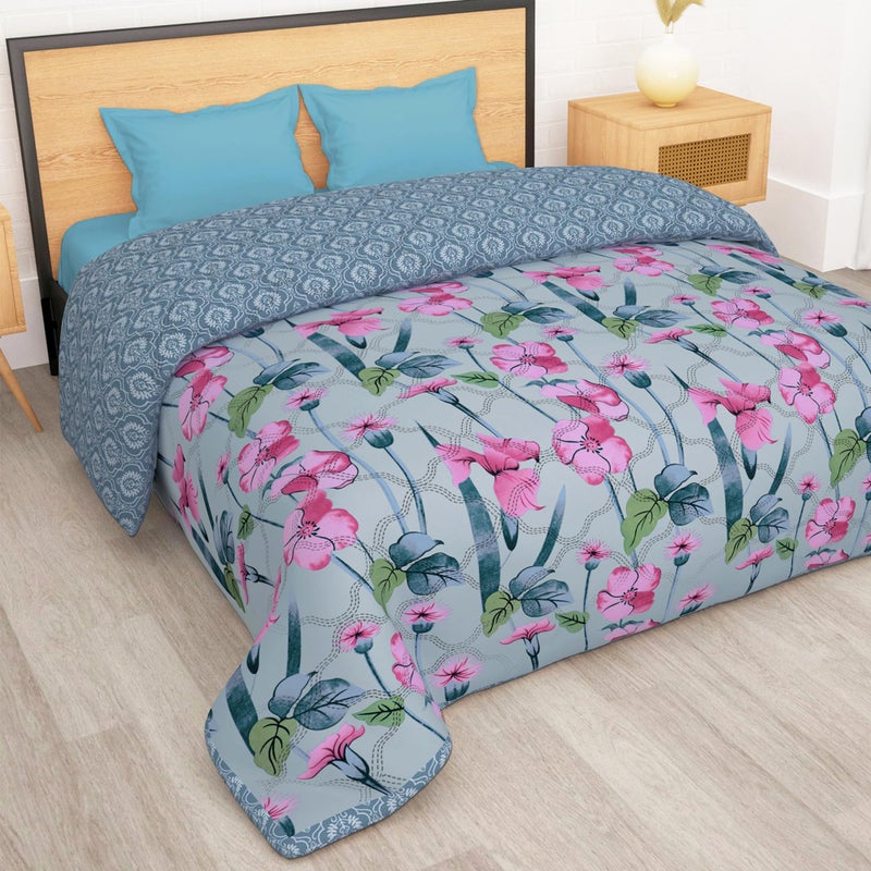 Story@Home Comforter Double Bed | 120GSM Microfiber Blanket Double Bed | 220X 250cm | AC Comforter Double Bed | Light Blue & Pink | Floral Pattern | Quilt | Duvet | Dohar | Perfect Festive Gifting - Image 3