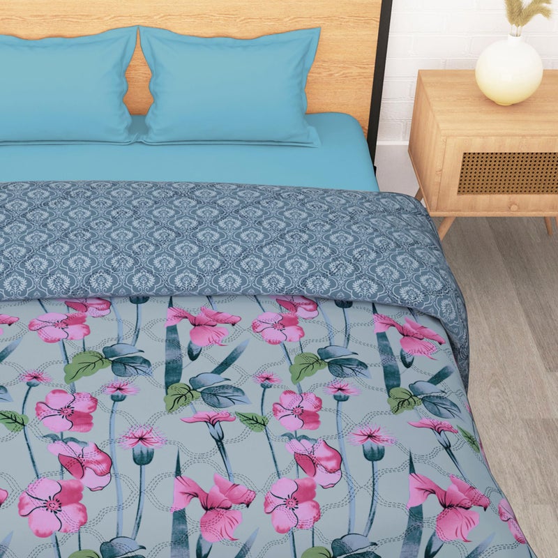 Story@Home Comforter Double Bed | 120GSM Microfiber Blanket Double Bed | 220X 250cm | AC Comforter Double Bed | Light Blue & Pink | Floral Pattern | Quilt | Duvet | Dohar | Perfect Festive Gifting - Image 4