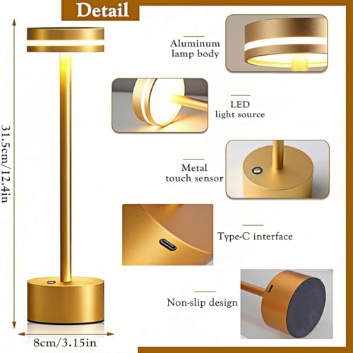 GITGRNTH Small Gold Round Table Lamp, 3 Colour Changing White, Warm, natural white, 1800 mAh Battery Rechargeable Modern Decorative Desk Lamp,Touch Soft Warm Light for Home Decor, Bedroom, Living Room - Image 3